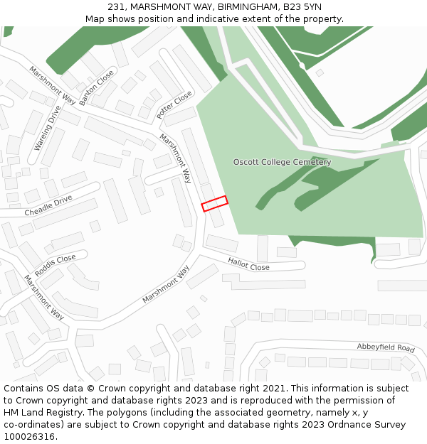 231, MARSHMONT WAY, BIRMINGHAM, B23 5YN: Location map and indicative extent of plot