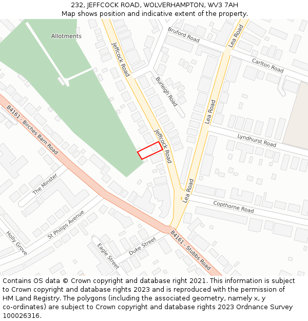 232, JEFFCOCK ROAD, WOLVERHAMPTON, WV3 7AH: Location map and indicative extent of plot