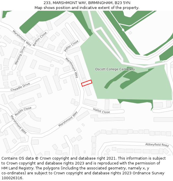 233, MARSHMONT WAY, BIRMINGHAM, B23 5YN: Location map and indicative extent of plot