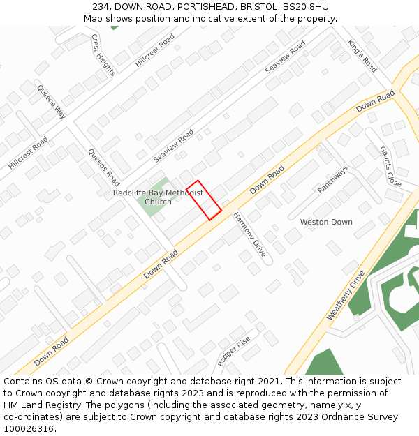 234, DOWN ROAD, PORTISHEAD, BRISTOL, BS20 8HU: Location map and indicative extent of plot