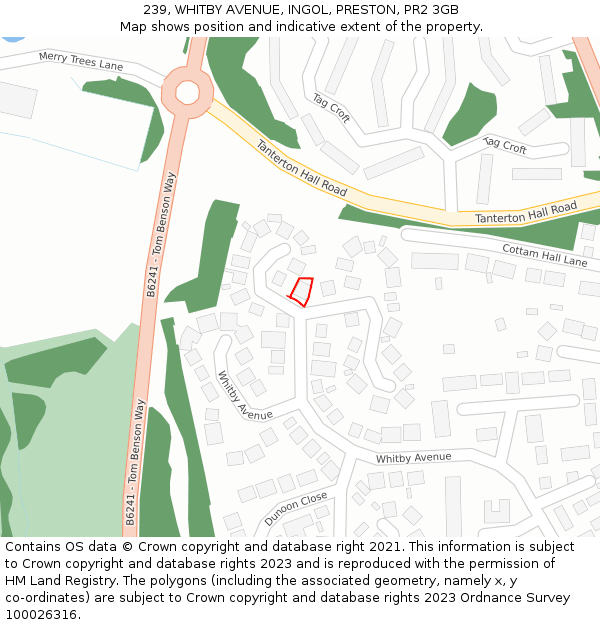 239, WHITBY AVENUE, INGOL, PRESTON, PR2 3GB: Location map and indicative extent of plot