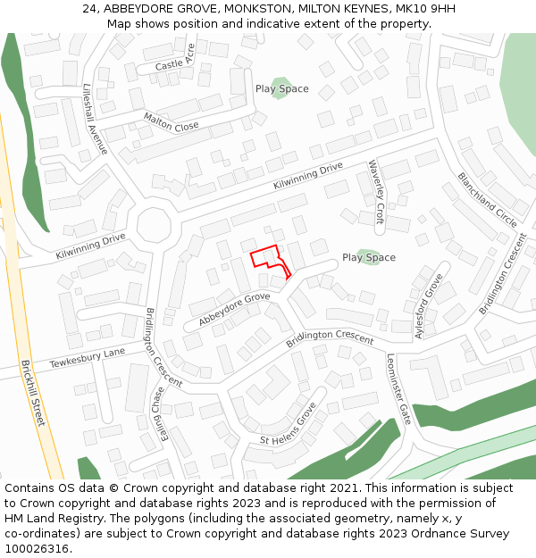 24, ABBEYDORE GROVE, MONKSTON, MILTON KEYNES, MK10 9HH: Location map and indicative extent of plot