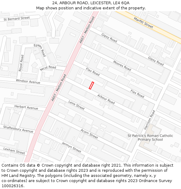 24, ARBOUR ROAD, LEICESTER, LE4 6QA: Location map and indicative extent of plot