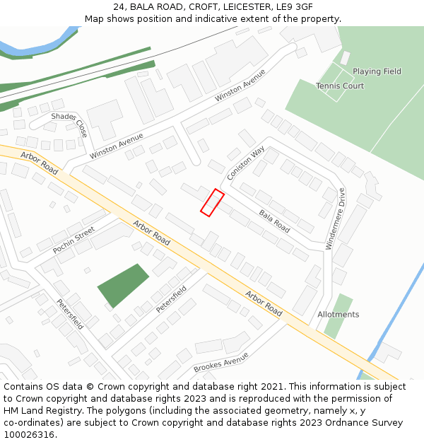 24, BALA ROAD, CROFT, LEICESTER, LE9 3GF: Location map and indicative extent of plot