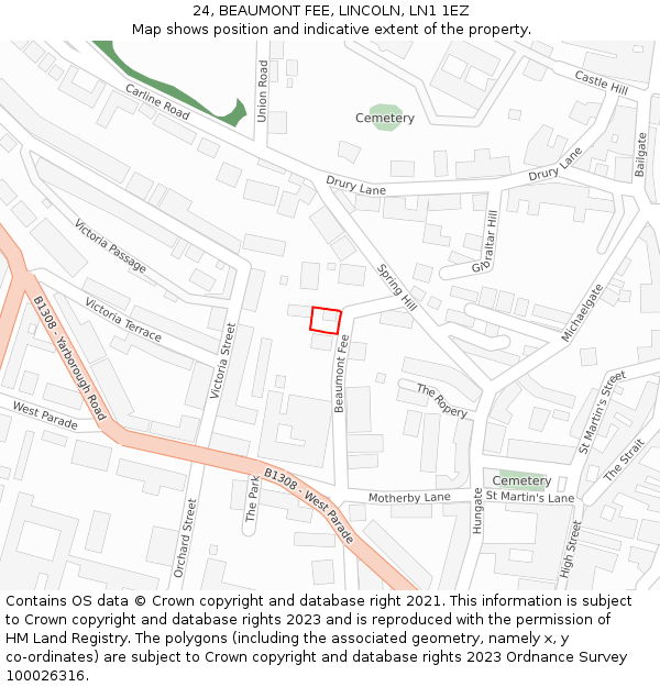 24, BEAUMONT FEE, LINCOLN, LN1 1EZ: Location map and indicative extent of plot