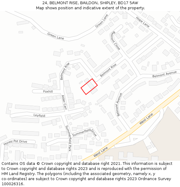 24, BELMONT RISE, BAILDON, SHIPLEY, BD17 5AW: Location map and indicative extent of plot