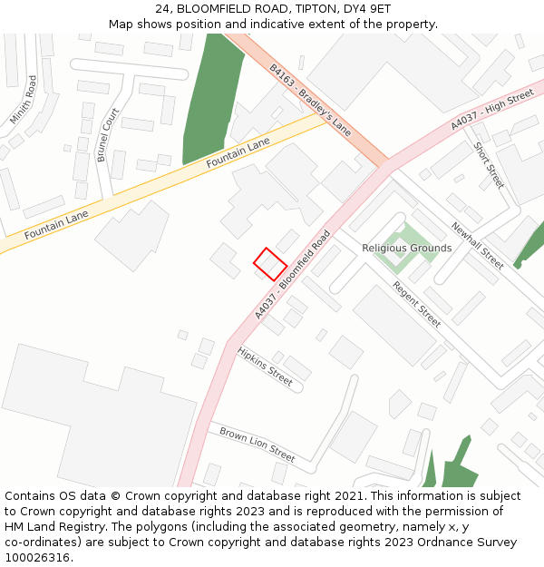 24, BLOOMFIELD ROAD, TIPTON, DY4 9ET: Location map and indicative extent of plot