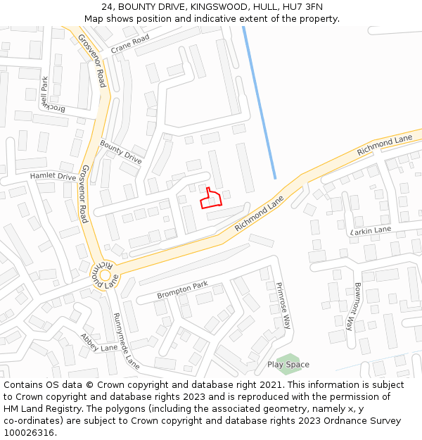 24, BOUNTY DRIVE, KINGSWOOD, HULL, HU7 3FN: Location map and indicative extent of plot