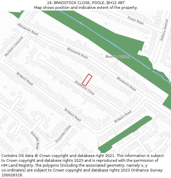 24, BRADSTOCK CLOSE, POOLE, BH12 4BT: Location map and indicative extent of plot