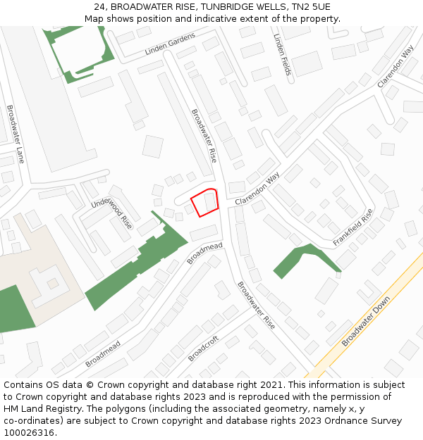 24, BROADWATER RISE, TUNBRIDGE WELLS, TN2 5UE: Location map and indicative extent of plot