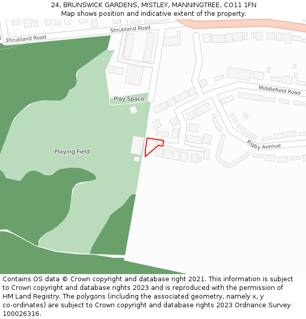 24, BRUNSWICK GARDENS, MISTLEY, MANNINGTREE, CO11 1FN: Location map and indicative extent of plot