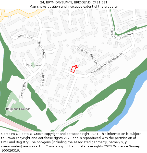 24, BRYN DRYSLWYN, BRIDGEND, CF31 5BT: Location map and indicative extent of plot