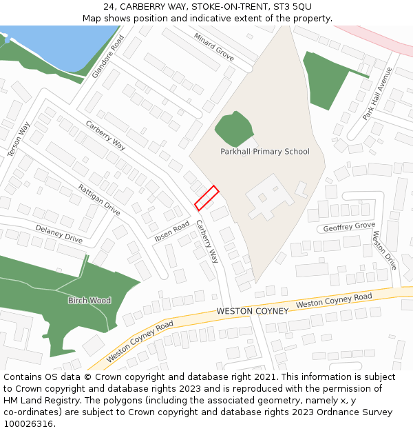 24, CARBERRY WAY, STOKE-ON-TRENT, ST3 5QU: Location map and indicative extent of plot