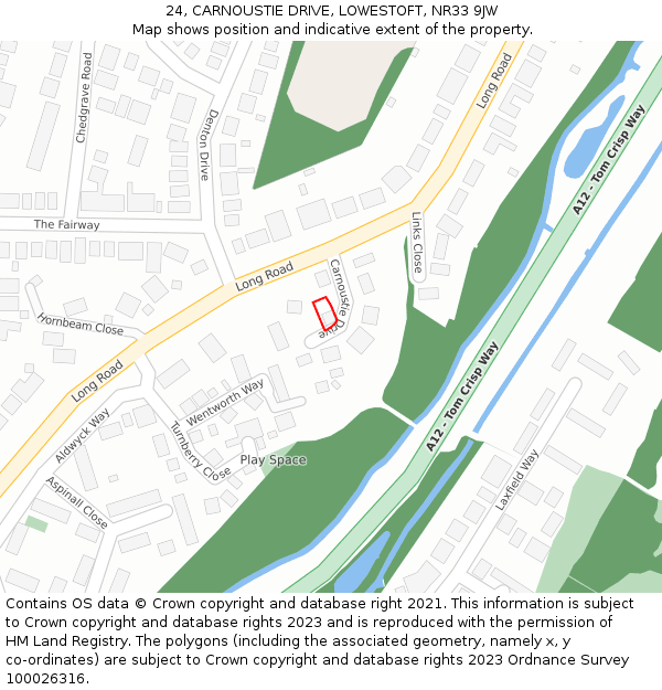 24, CARNOUSTIE DRIVE, LOWESTOFT, NR33 9JW: Location map and indicative extent of plot