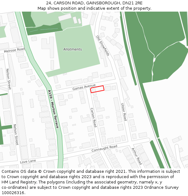 24, CARSON ROAD, GAINSBOROUGH, DN21 2RE: Location map and indicative extent of plot