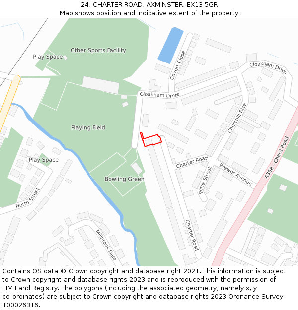 24, CHARTER ROAD, AXMINSTER, EX13 5GR: Location map and indicative extent of plot