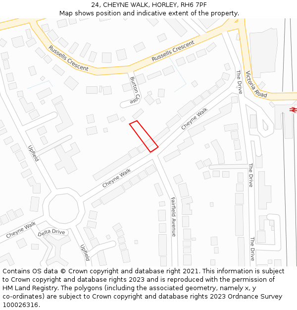 24, CHEYNE WALK, HORLEY, RH6 7PF: Location map and indicative extent of plot