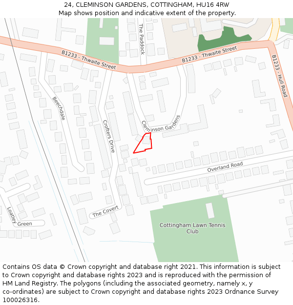 24, CLEMINSON GARDENS, COTTINGHAM, HU16 4RW: Location map and indicative extent of plot