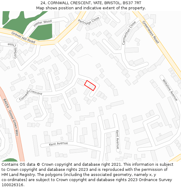 24, CORNWALL CRESCENT, YATE, BRISTOL, BS37 7RT: Location map and indicative extent of plot