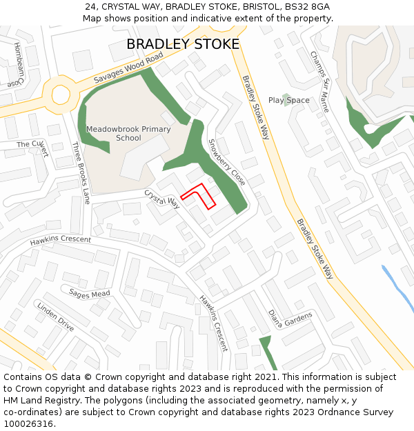 24, CRYSTAL WAY, BRADLEY STOKE, BRISTOL, BS32 8GA: Location map and indicative extent of plot