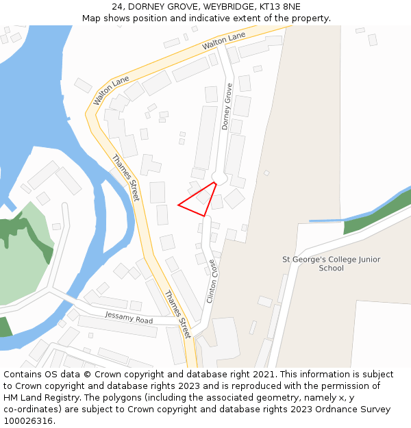 24, DORNEY GROVE, WEYBRIDGE, KT13 8NE: Location map and indicative extent of plot