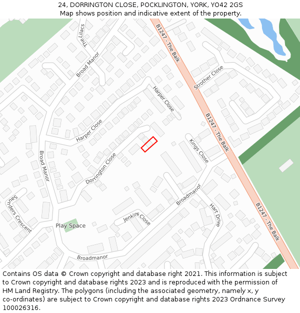 24, DORRINGTON CLOSE, POCKLINGTON, YORK, YO42 2GS: Location map and indicative extent of plot