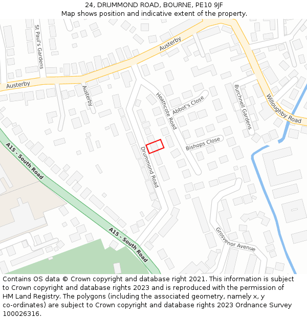 24, DRUMMOND ROAD, BOURNE, PE10 9JF: Location map and indicative extent of plot