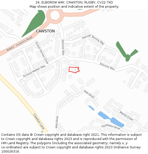 24, ELBOROW WAY, CAWSTON, RUGBY, CV22 7XD: Location map and indicative extent of plot