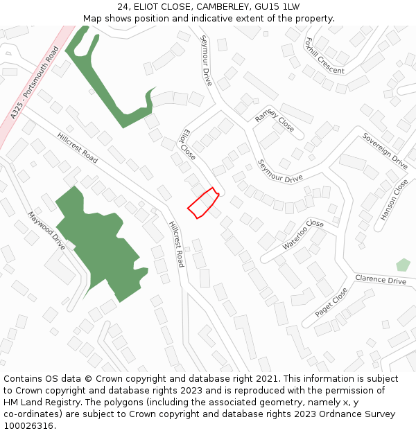 24, ELIOT CLOSE, CAMBERLEY, GU15 1LW: Location map and indicative extent of plot