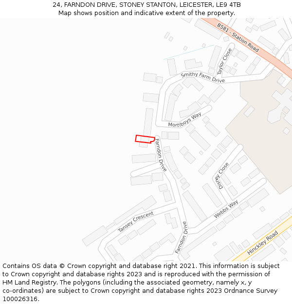 24, FARNDON DRIVE, STONEY STANTON, LEICESTER, LE9 4TB: Location map and indicative extent of plot