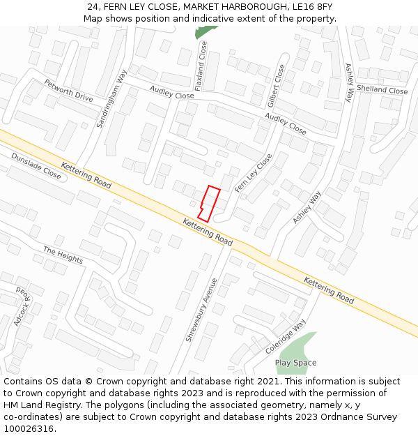 24, FERN LEY CLOSE, MARKET HARBOROUGH, LE16 8FY: Location map and indicative extent of plot