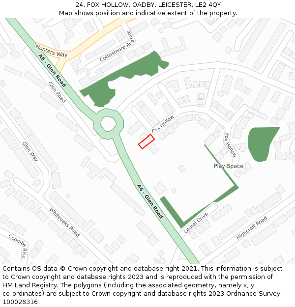 24, FOX HOLLOW, OADBY, LEICESTER, LE2 4QY: Location map and indicative extent of plot