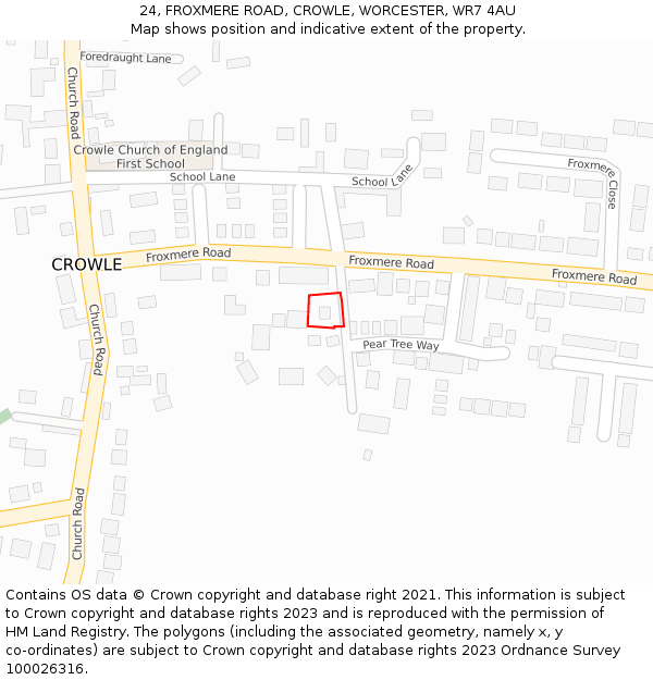 24, FROXMERE ROAD, CROWLE, WORCESTER, WR7 4AU: Location map and indicative extent of plot