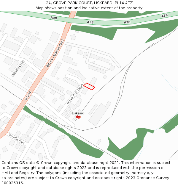 24, GROVE PARK COURT, LISKEARD, PL14 4EZ: Location map and indicative extent of plot