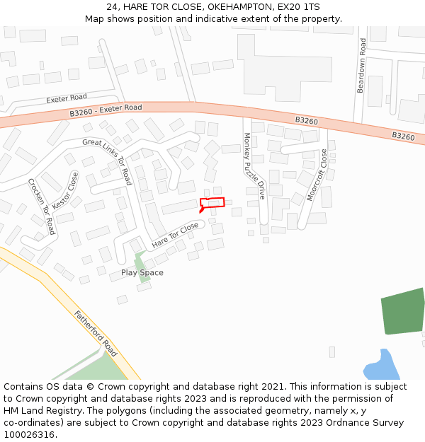 24, HARE TOR CLOSE, OKEHAMPTON, EX20 1TS: Location map and indicative extent of plot