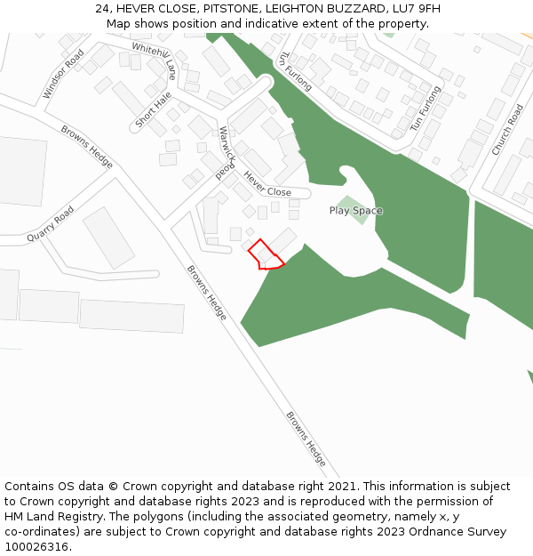 24, HEVER CLOSE, PITSTONE, LEIGHTON BUZZARD, LU7 9FH: Location map and indicative extent of plot