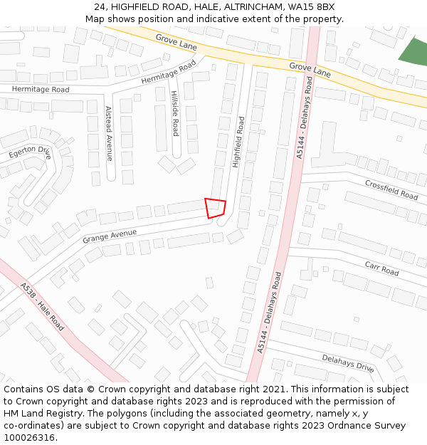 24, HIGHFIELD ROAD, HALE, ALTRINCHAM, WA15 8BX: Location map and indicative extent of plot