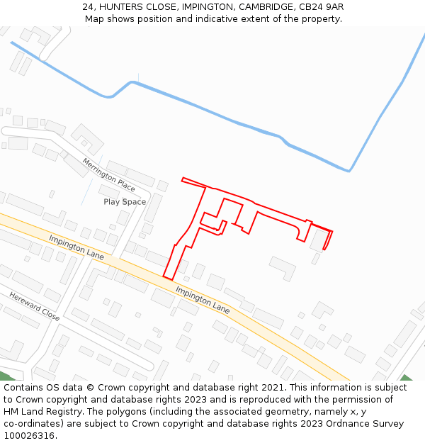 24, HUNTERS CLOSE, IMPINGTON, CAMBRIDGE, CB24 9AR: Location map and indicative extent of plot