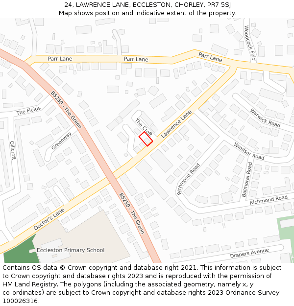 24, LAWRENCE LANE, ECCLESTON, CHORLEY, PR7 5SJ: Location map and indicative extent of plot