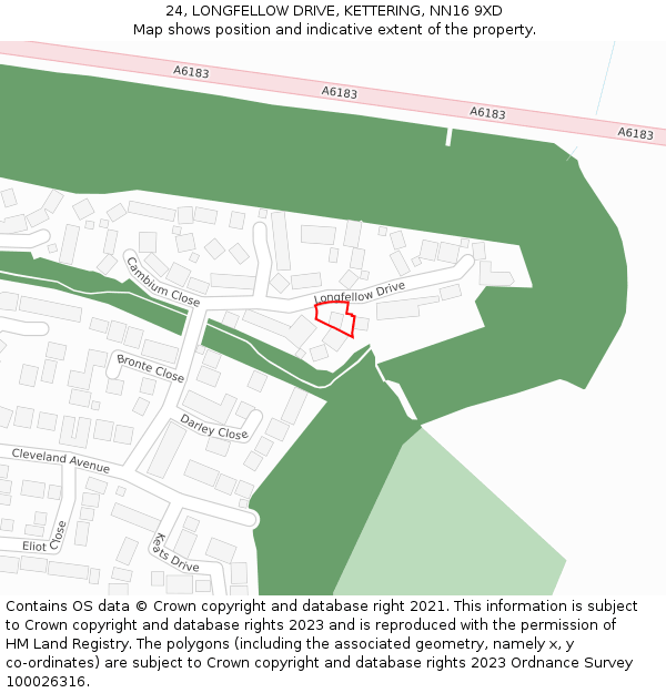 24, LONGFELLOW DRIVE, KETTERING, NN16 9XD: Location map and indicative extent of plot