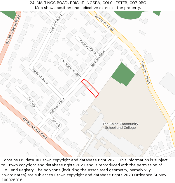 24, MALTINGS ROAD, BRIGHTLINGSEA, COLCHESTER, CO7 0RG: Location map and indicative extent of plot