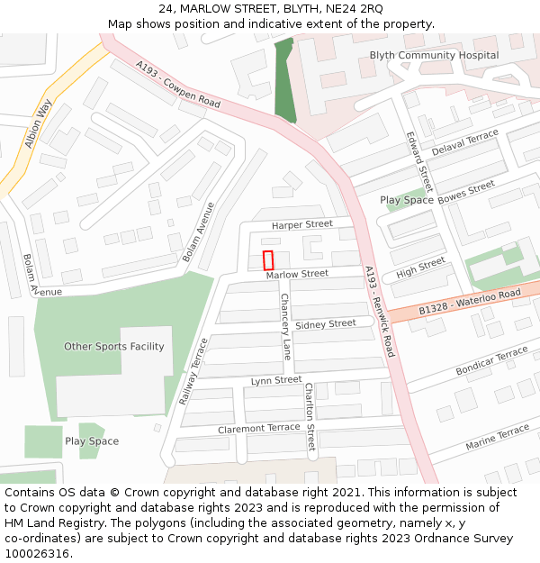 24, MARLOW STREET, BLYTH, NE24 2RQ: Location map and indicative extent of plot