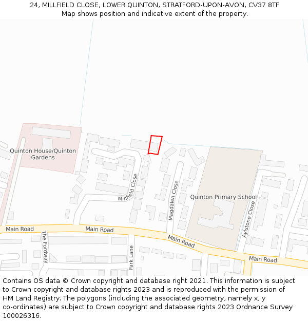 24, MILLFIELD CLOSE, LOWER QUINTON, STRATFORD-UPON-AVON, CV37 8TF: Location map and indicative extent of plot