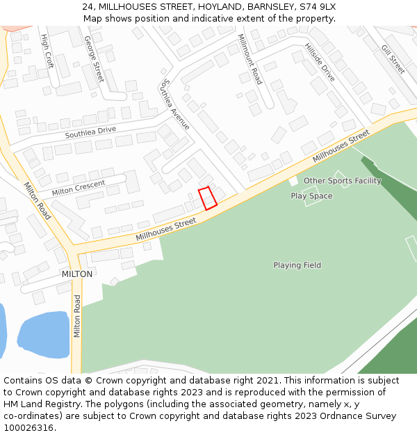 24, MILLHOUSES STREET, HOYLAND, BARNSLEY, S74 9LX: Location map and indicative extent of plot