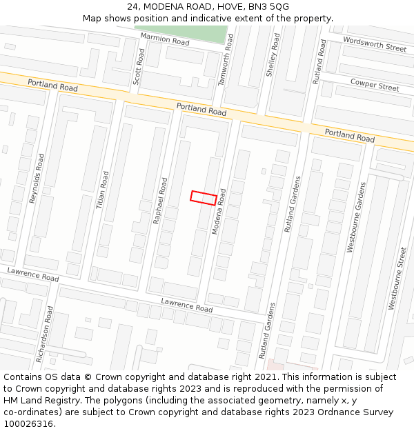 24, MODENA ROAD, HOVE, BN3 5QG: Location map and indicative extent of plot