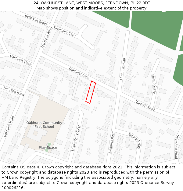 24, OAKHURST LANE, WEST MOORS, FERNDOWN, BH22 0DT: Location map and indicative extent of plot