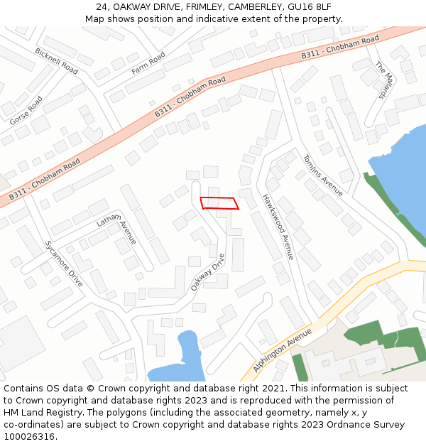 24, OAKWAY DRIVE, FRIMLEY, CAMBERLEY, GU16 8LF: Location map and indicative extent of plot