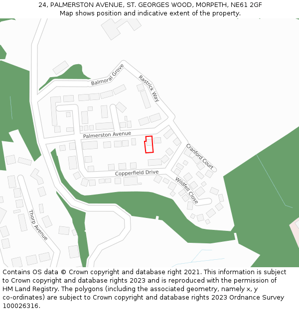 24, PALMERSTON AVENUE, ST. GEORGES WOOD, MORPETH, NE61 2GF: Location map and indicative extent of plot