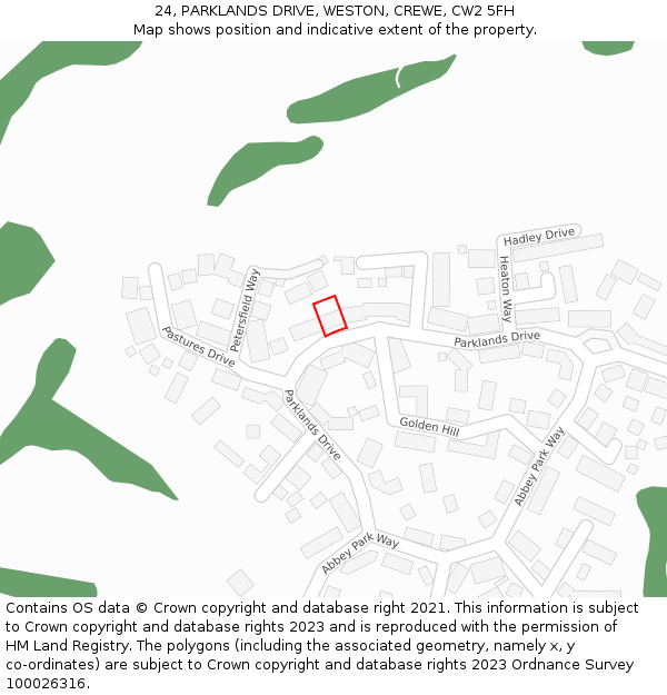 24, PARKLANDS DRIVE, WESTON, CREWE, CW2 5FH: Location map and indicative extent of plot