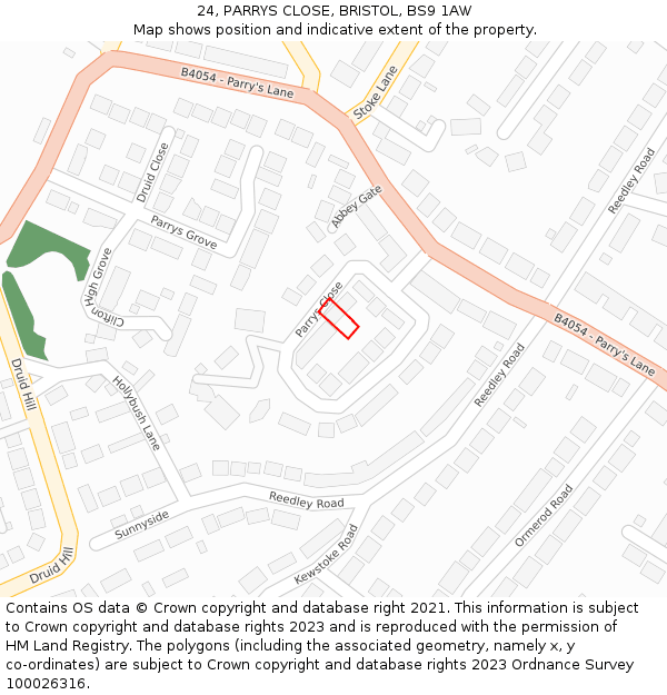 24, PARRYS CLOSE, BRISTOL, BS9 1AW: Location map and indicative extent of plot